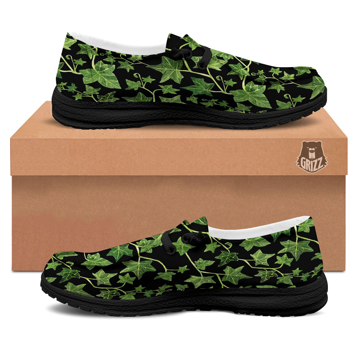 Ivy Leaf Green Print Black Loafers-grizzshop