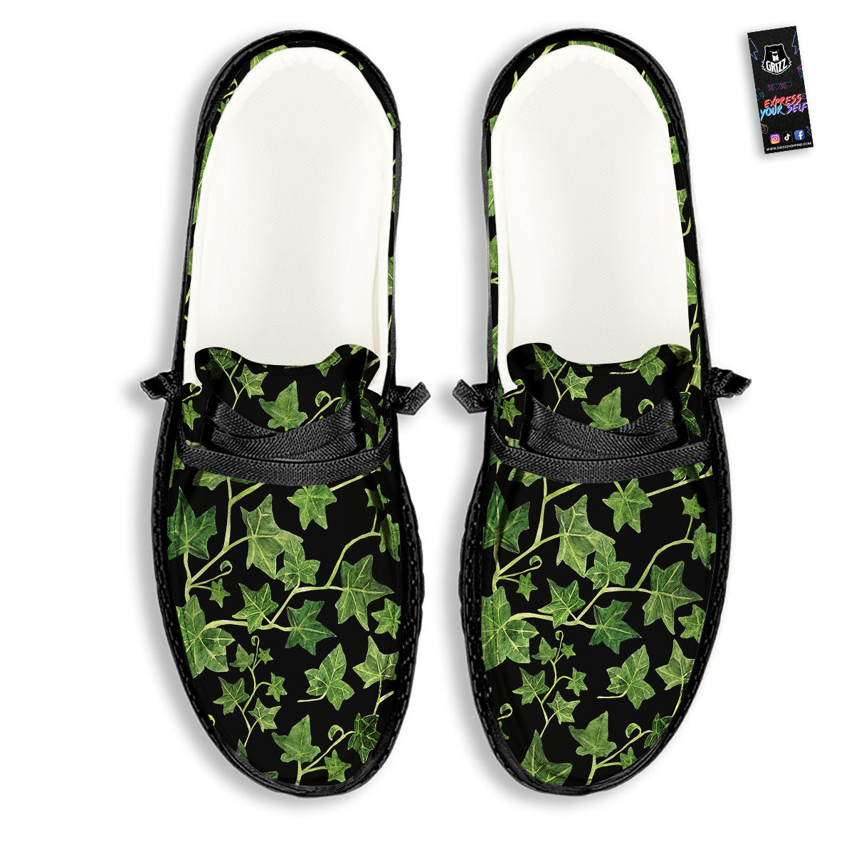 Ivy Leaf Green Print Black Loafers-grizzshop