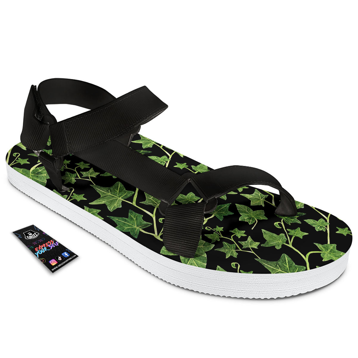 Ivy Leaf Green Print Black Open Toe Sandals-grizzshop