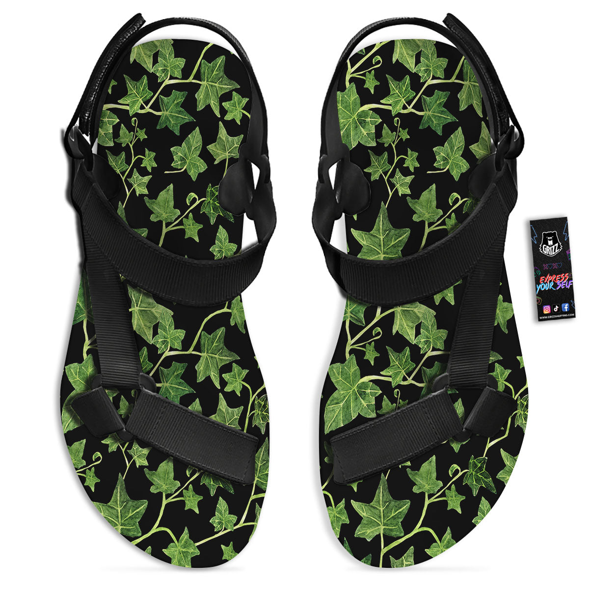 Ivy Leaf Green Print Black Open Toe Sandals-grizzshop