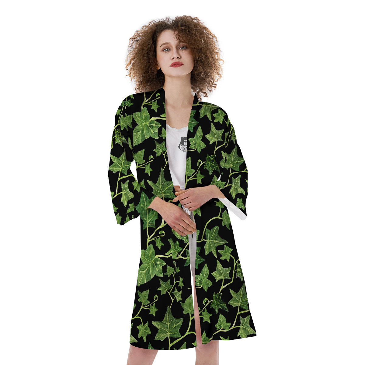 Ivy Leaf Green Print Kimono-grizzshop