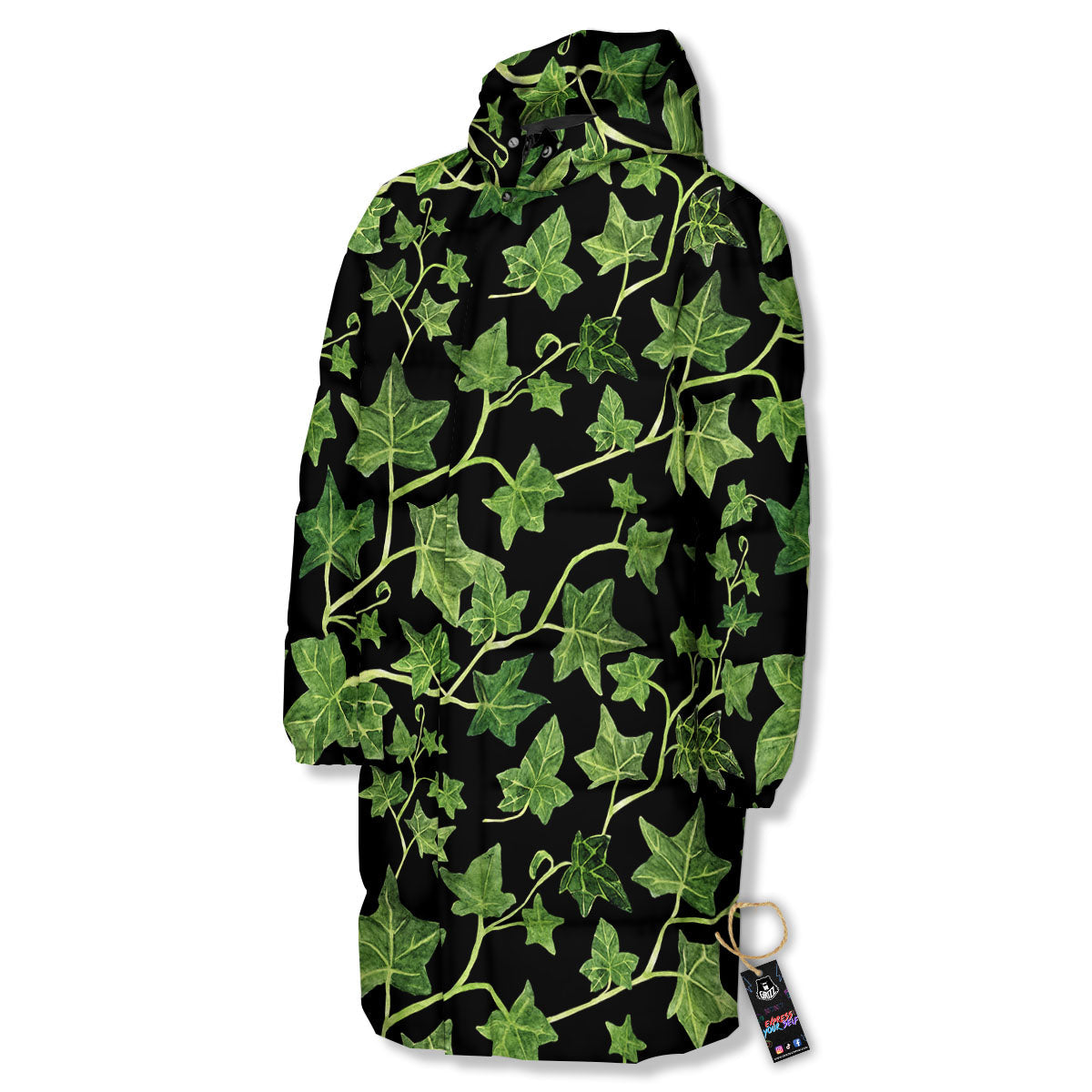 Ivy Leaf Green Print Long Down Jacket-grizzshop