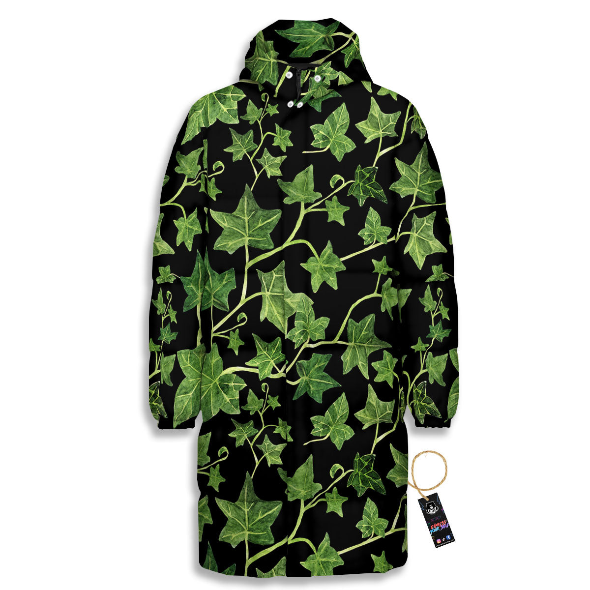 Ivy Leaf Green Print Long Down Jacket-grizzshop