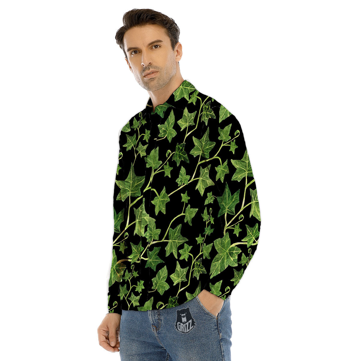 Ivy Leaf Green Print Men's Dress Shirts-grizzshop