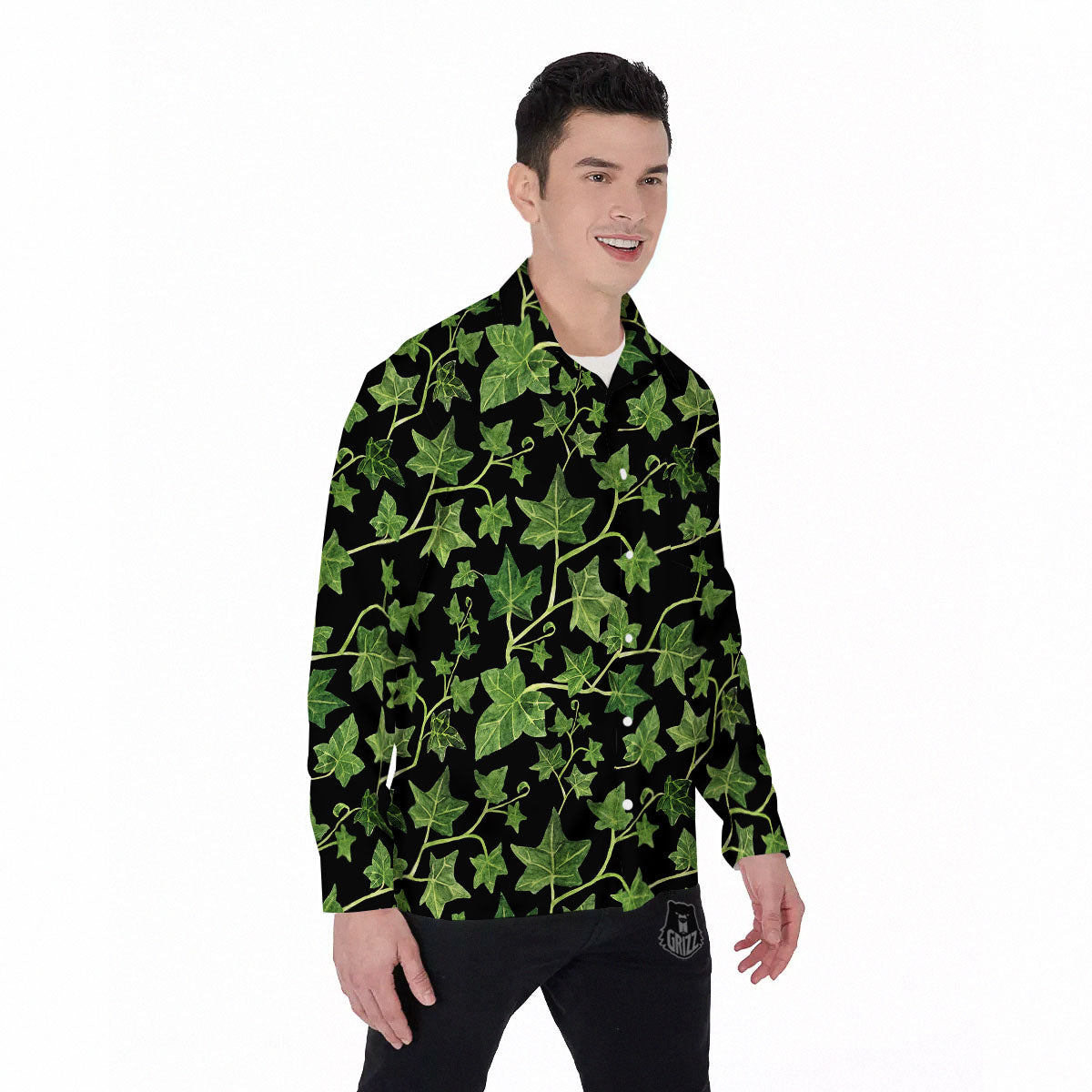 Ivy Leaf Green Print Men's Long Sleeve Shirts-grizzshop