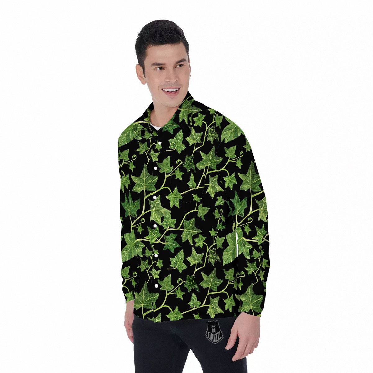 Ivy Leaf Green Print Men's Long Sleeve Shirts-grizzshop