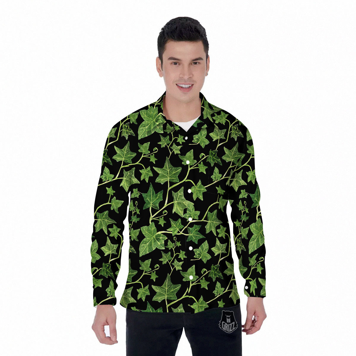 Ivy Leaf Green Print Men's Long Sleeve Shirts-grizzshop