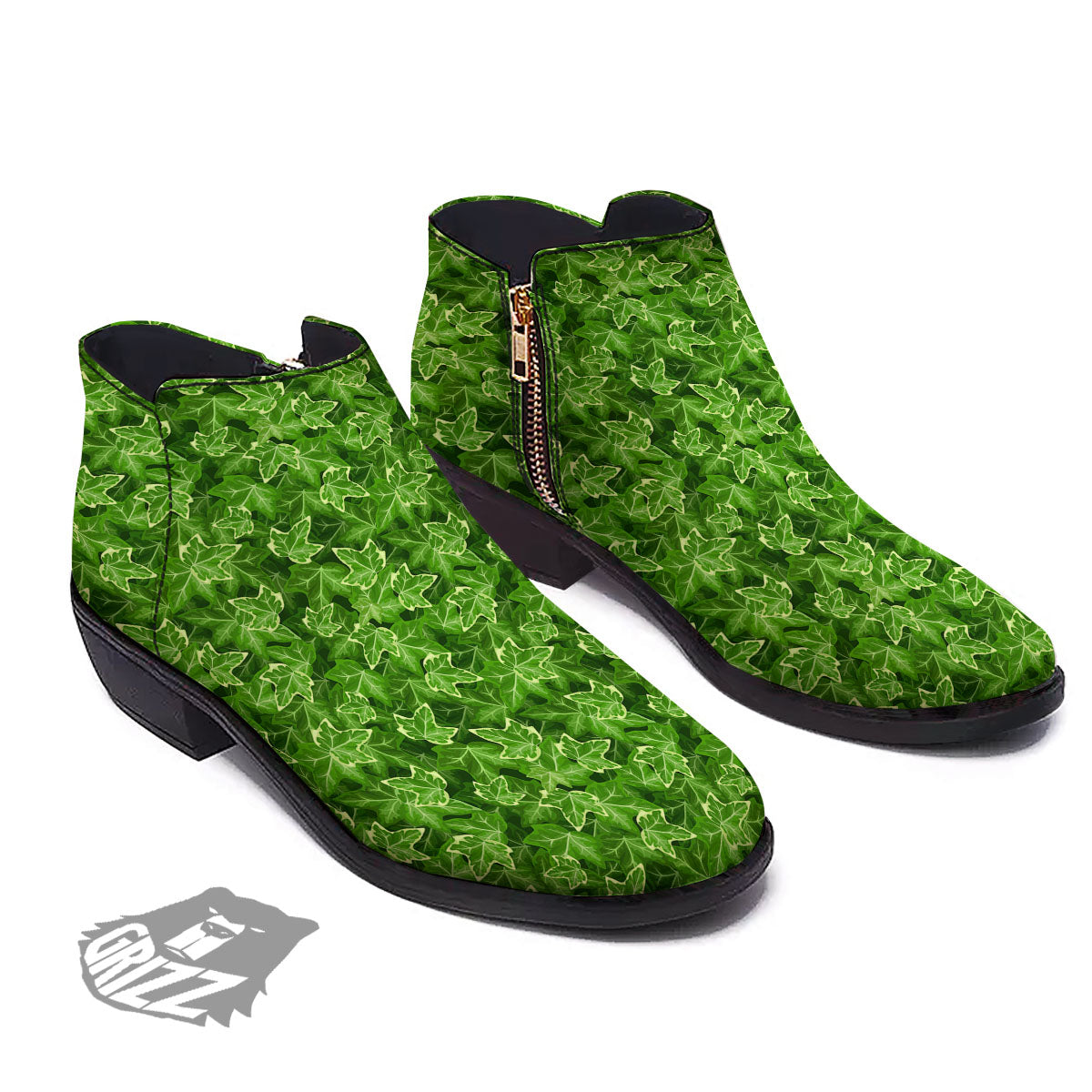 Ivy Leaf Green Print Pattern Ankle Boots-grizzshop