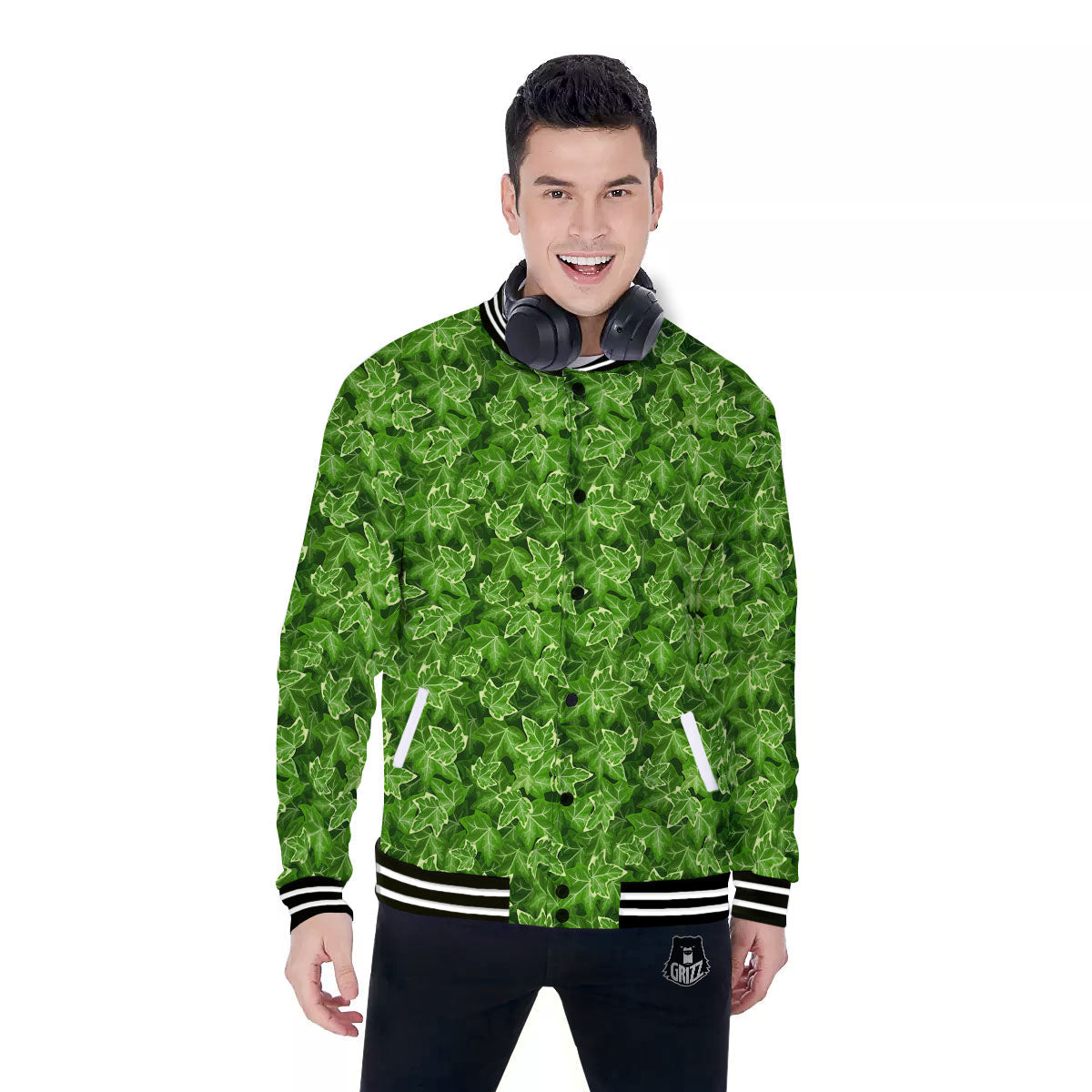 Ivy Leaf Green Print Pattern Baseball Jacket-grizzshop