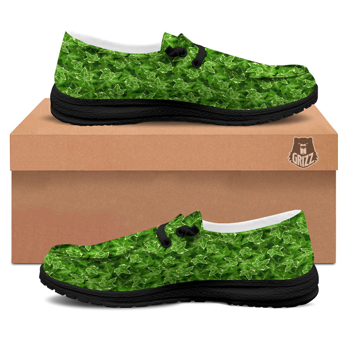 Ivy Leaf Green Print Pattern Black Loafers-grizzshop
