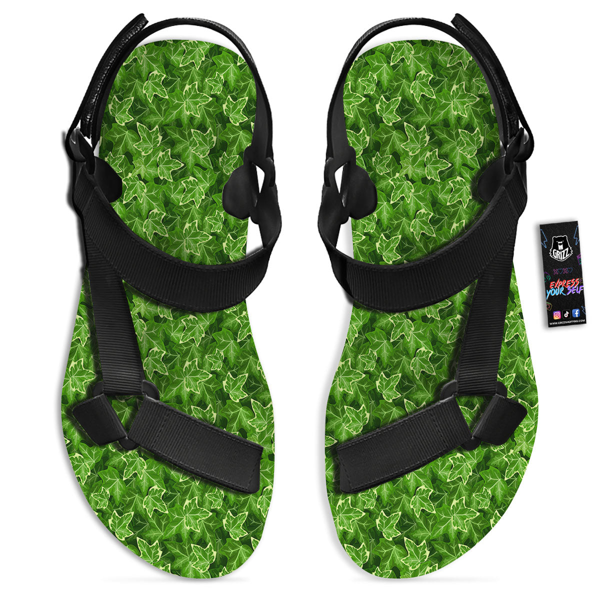Ivy Leaf Green Print Pattern Black Open Toe Sandals-grizzshop
