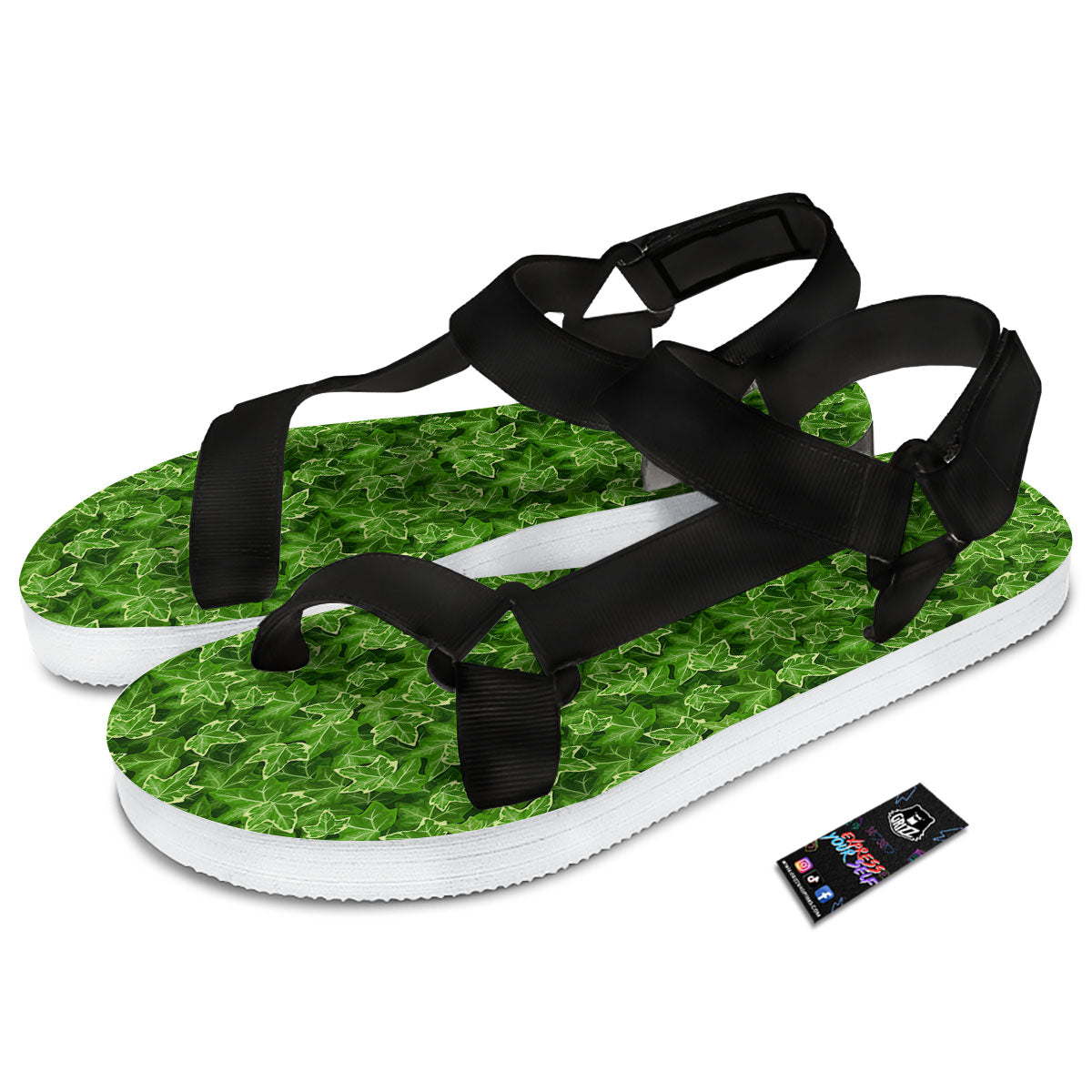 Ivy Leaf Green Print Pattern Black Open Toe Sandals-grizzshop