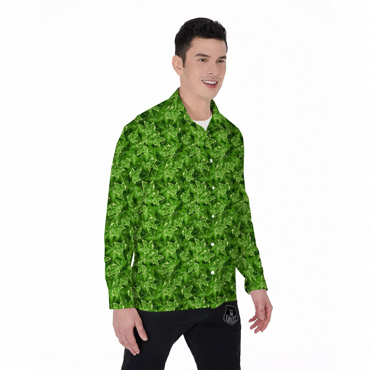 Ivy Leaf Green Print Pattern Men's Long Sleeve Shirts-grizzshop