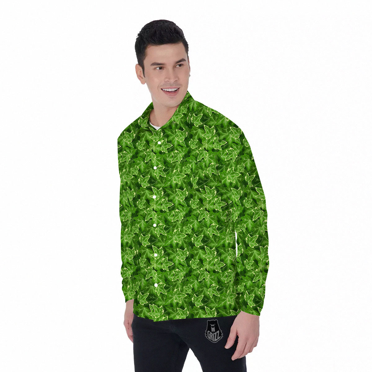 Ivy Leaf Green Print Pattern Men's Long Sleeve Shirts-grizzshop