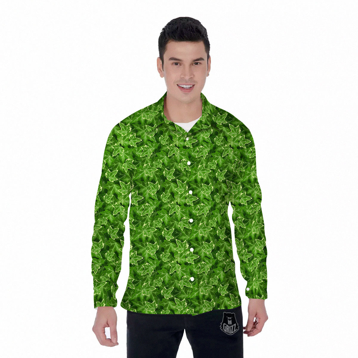 Ivy Leaf Green Print Pattern Men's Long Sleeve Shirts-grizzshop