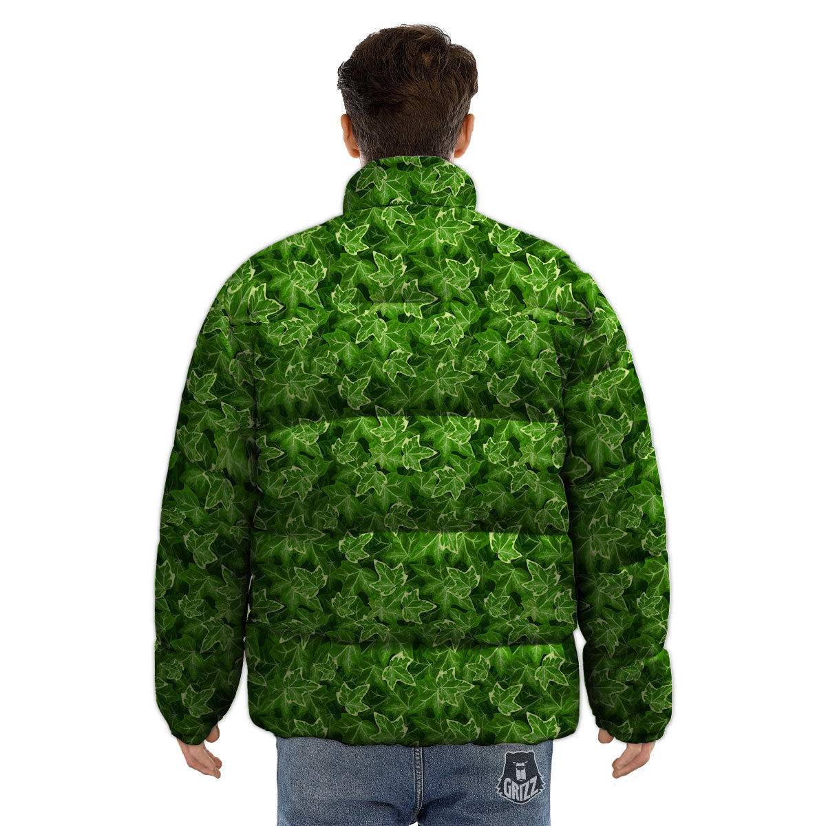 Ivy Leaf Green Print Pattern Puffer Jacket-grizzshop