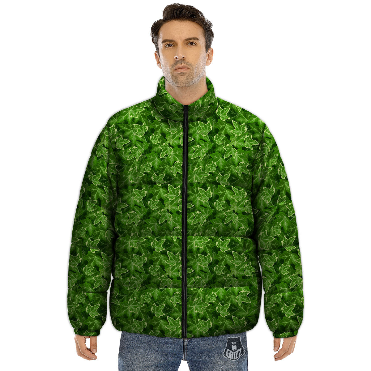 Ivy Leaf Green Print Pattern Puffer Jacket-grizzshop