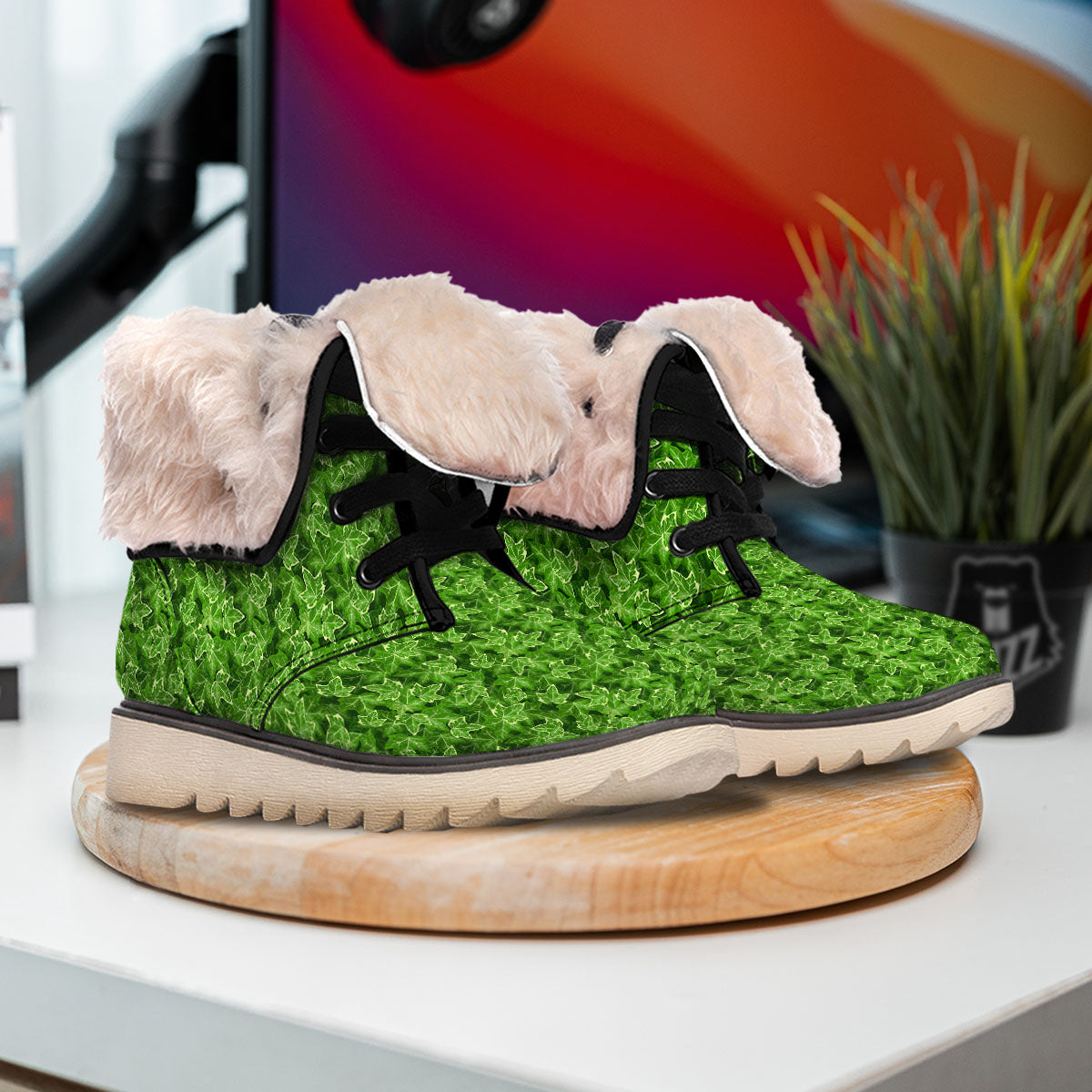 Ivy Leaf Green Print Pattern Snow Boots-grizzshop