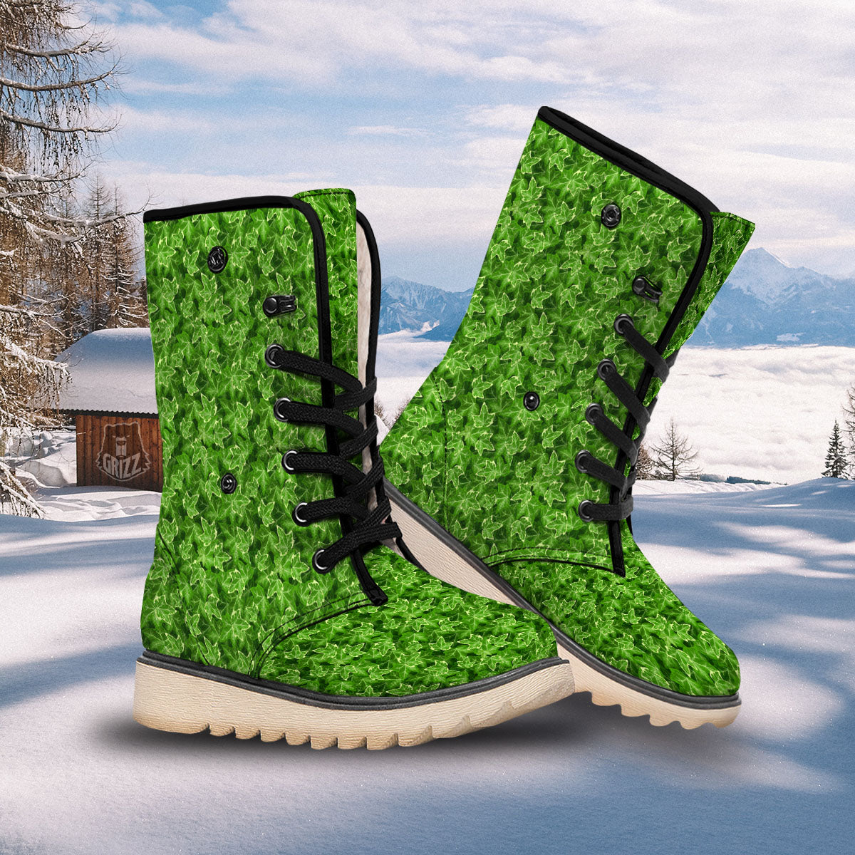 Ivy Leaf Green Print Pattern Snow Boots-grizzshop