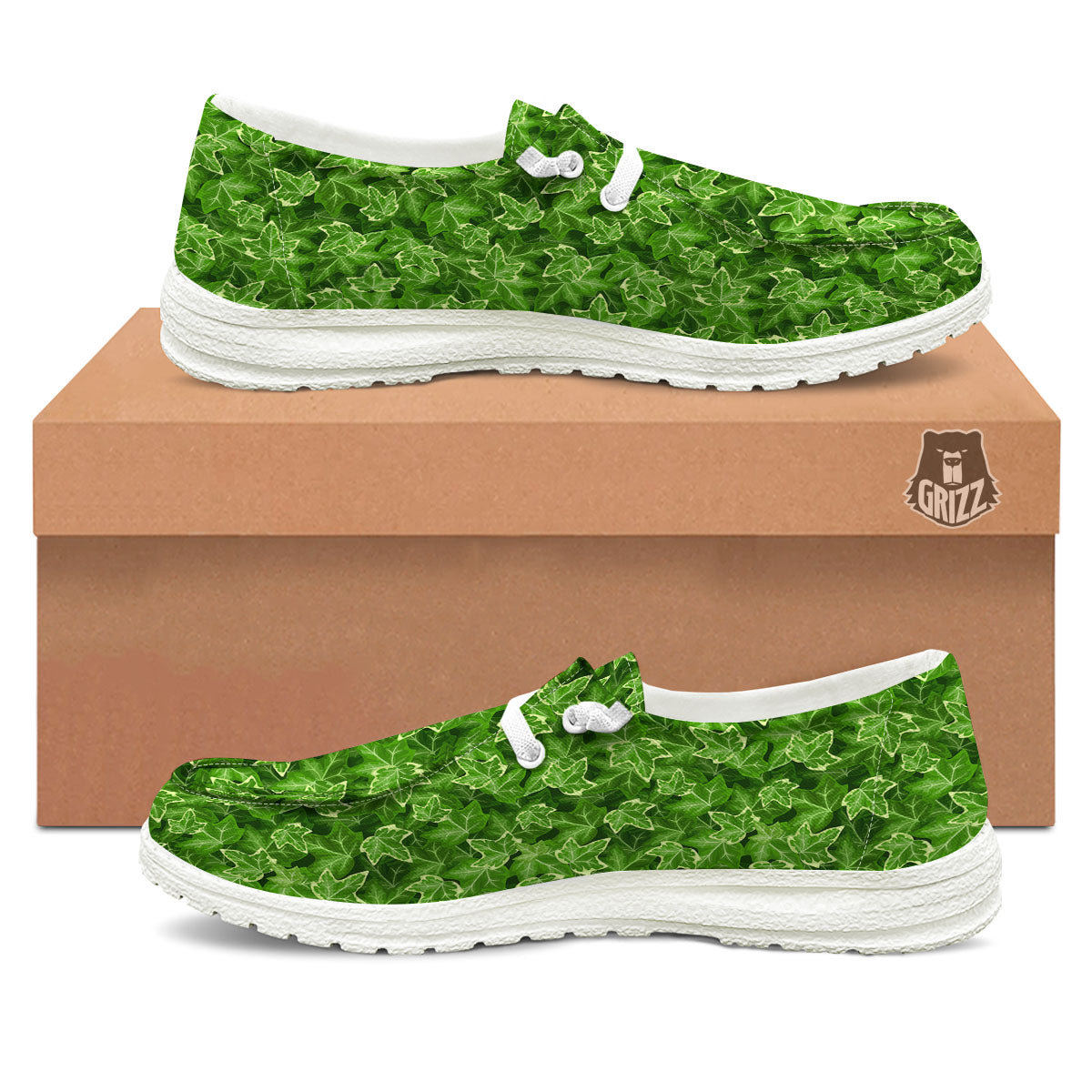 Ivy Leaf Green Print Pattern White Loafers-grizzshop