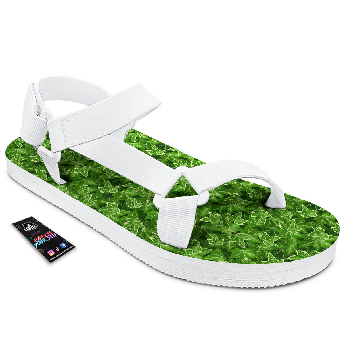 Ivy Leaf Green Print Pattern White Open Toe Sandals-grizzshop
