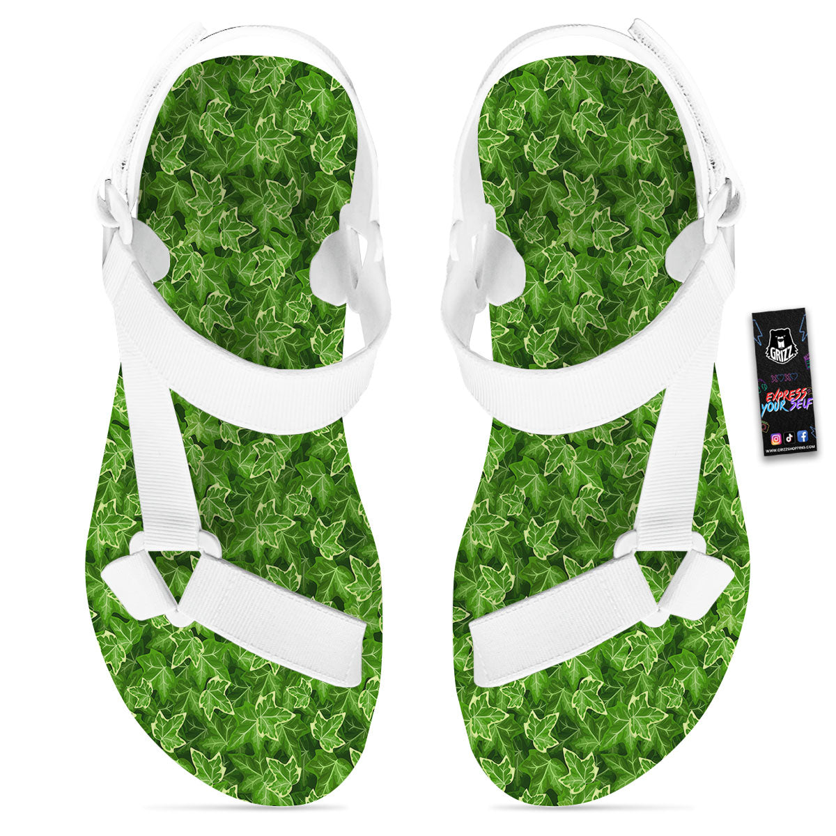 Ivy Leaf Green Print Pattern White Open Toe Sandals-grizzshop