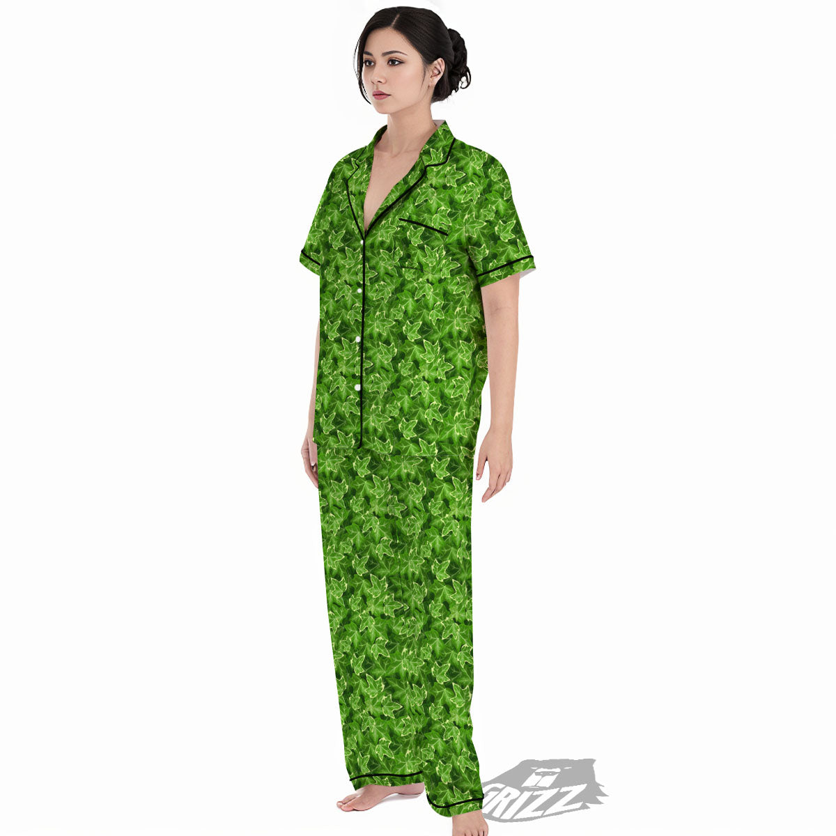 Ivy Leaf Green Print Pattern Women's Pajamas Set-grizzshop