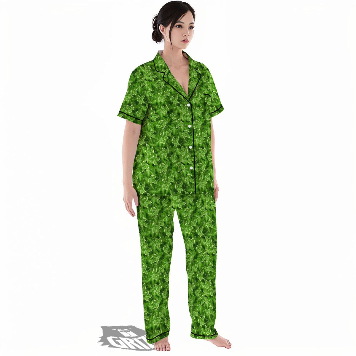 Ivy Leaf Green Print Pattern Women's Pajamas Set-grizzshop