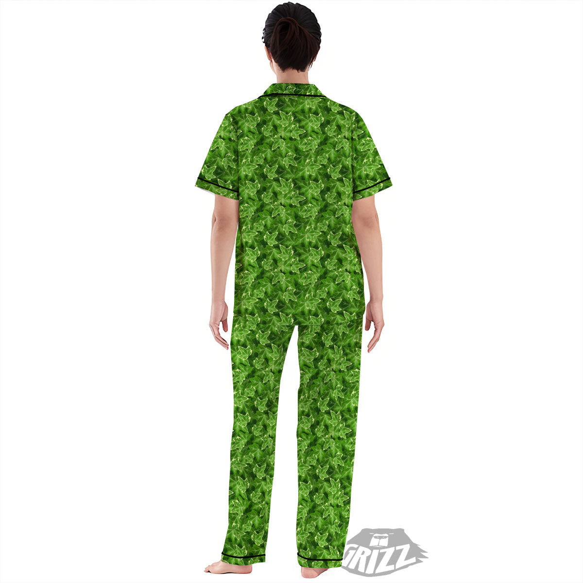Ivy Leaf Green Print Pattern Women's Pajamas Set-grizzshop