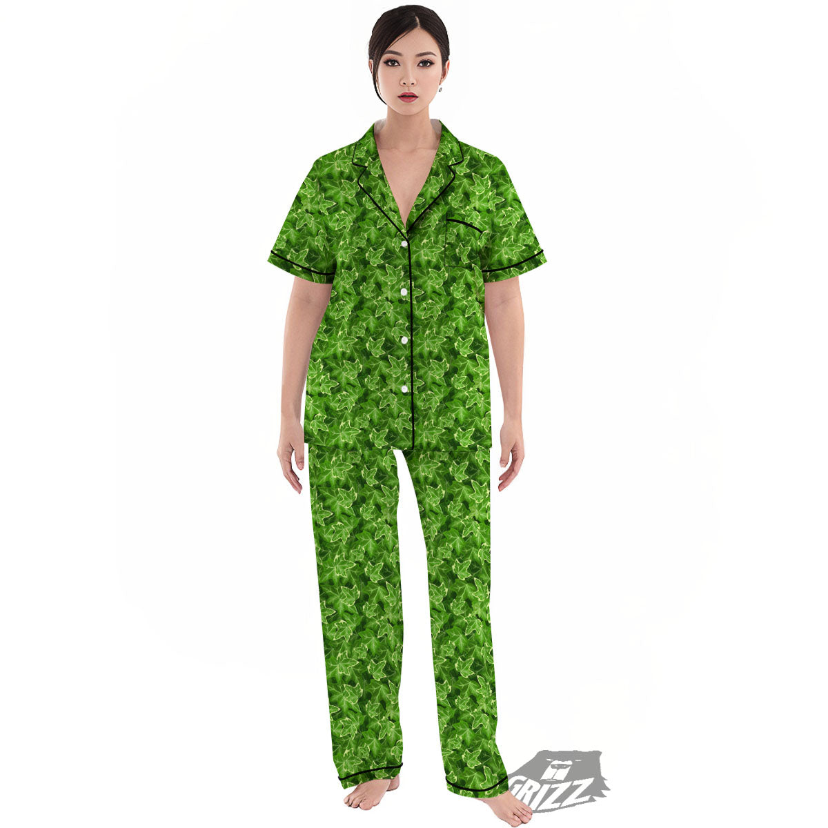Ivy Leaf Green Print Pattern Women's Pajamas Set-grizzshop