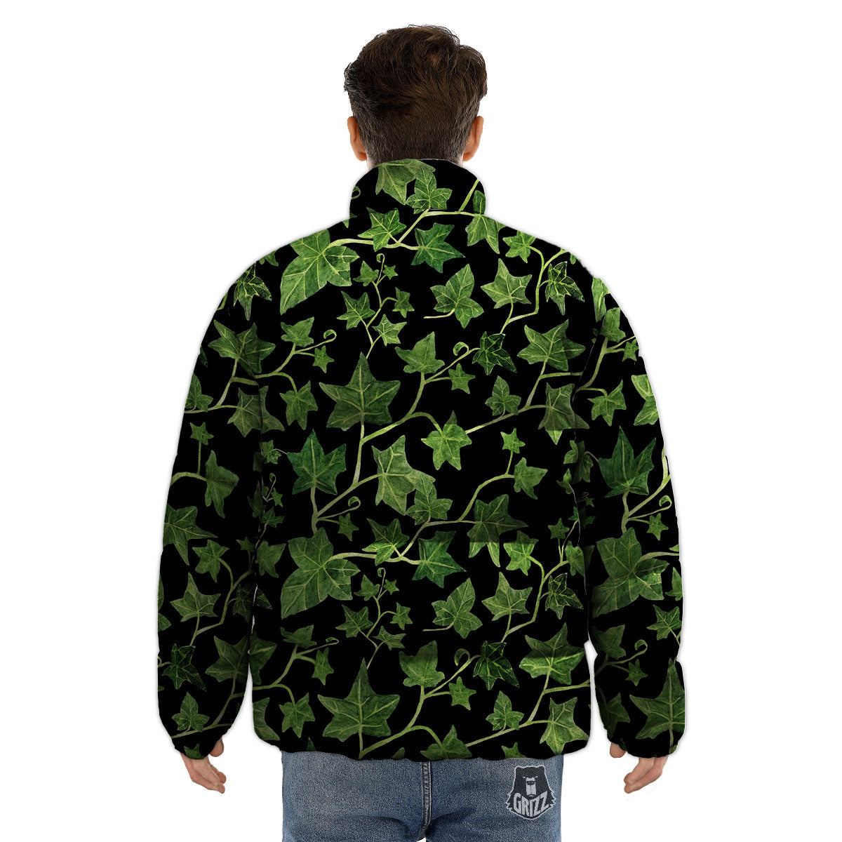 Ivy Leaf Green Print Puffer Jacket-grizzshop