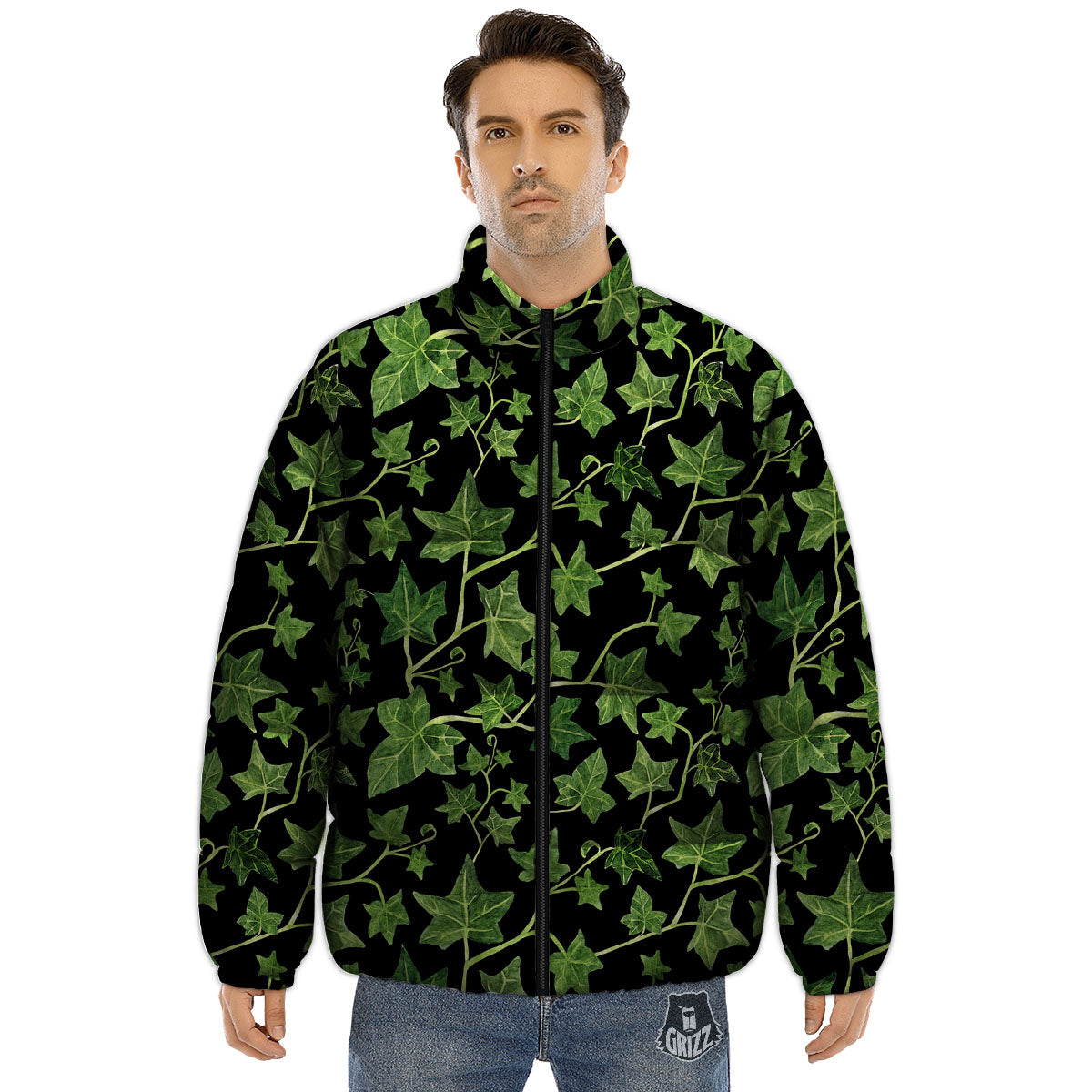 Ivy Leaf Green Print Puffer Jacket-grizzshop