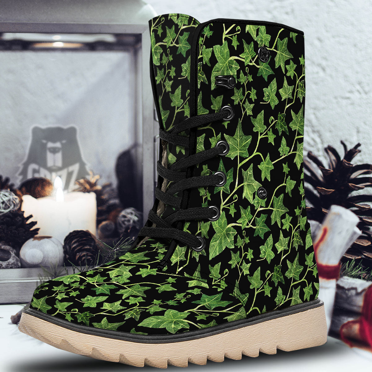 Ivy Leaf Green Print Snow Boots-grizzshop