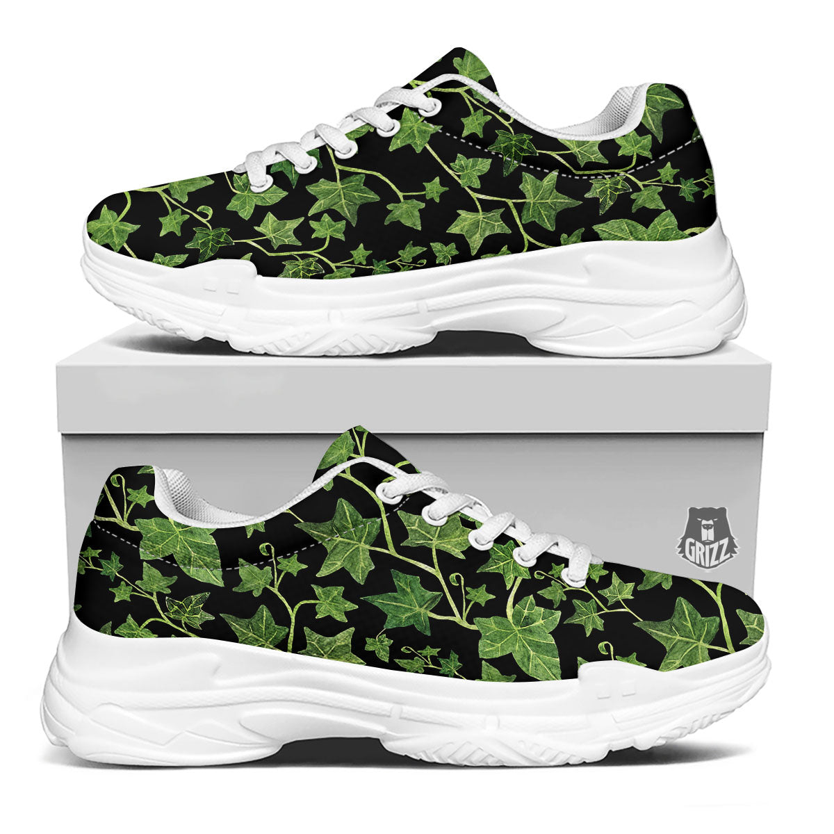 Ivy Leaf Green Print White Chunky Shoes-grizzshop