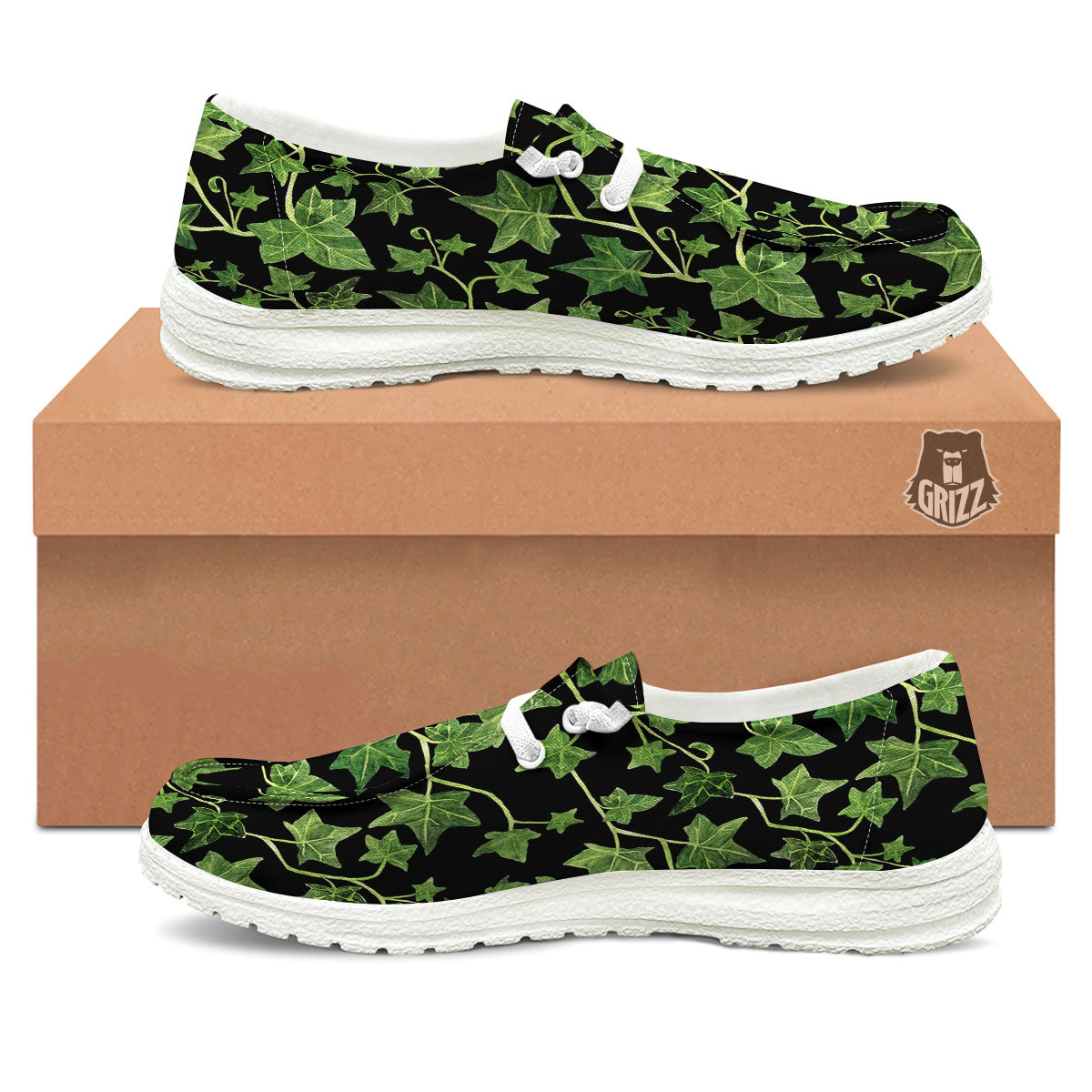 Ivy Leaf Green Print White Loafers-grizzshop