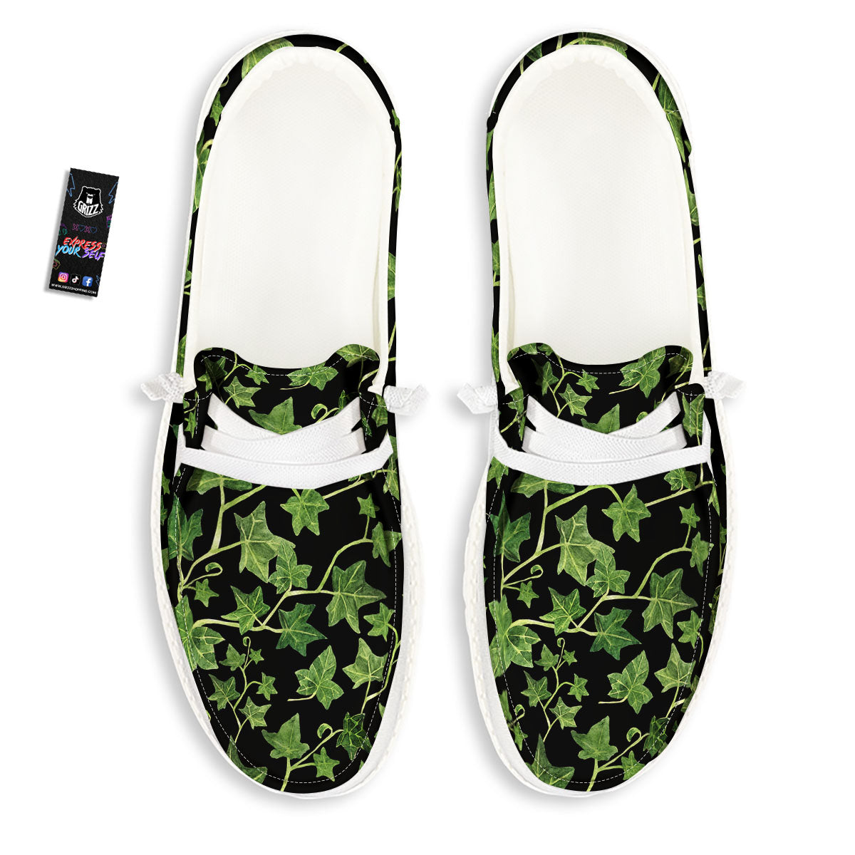 Ivy Leaf Green Print White Loafers-grizzshop