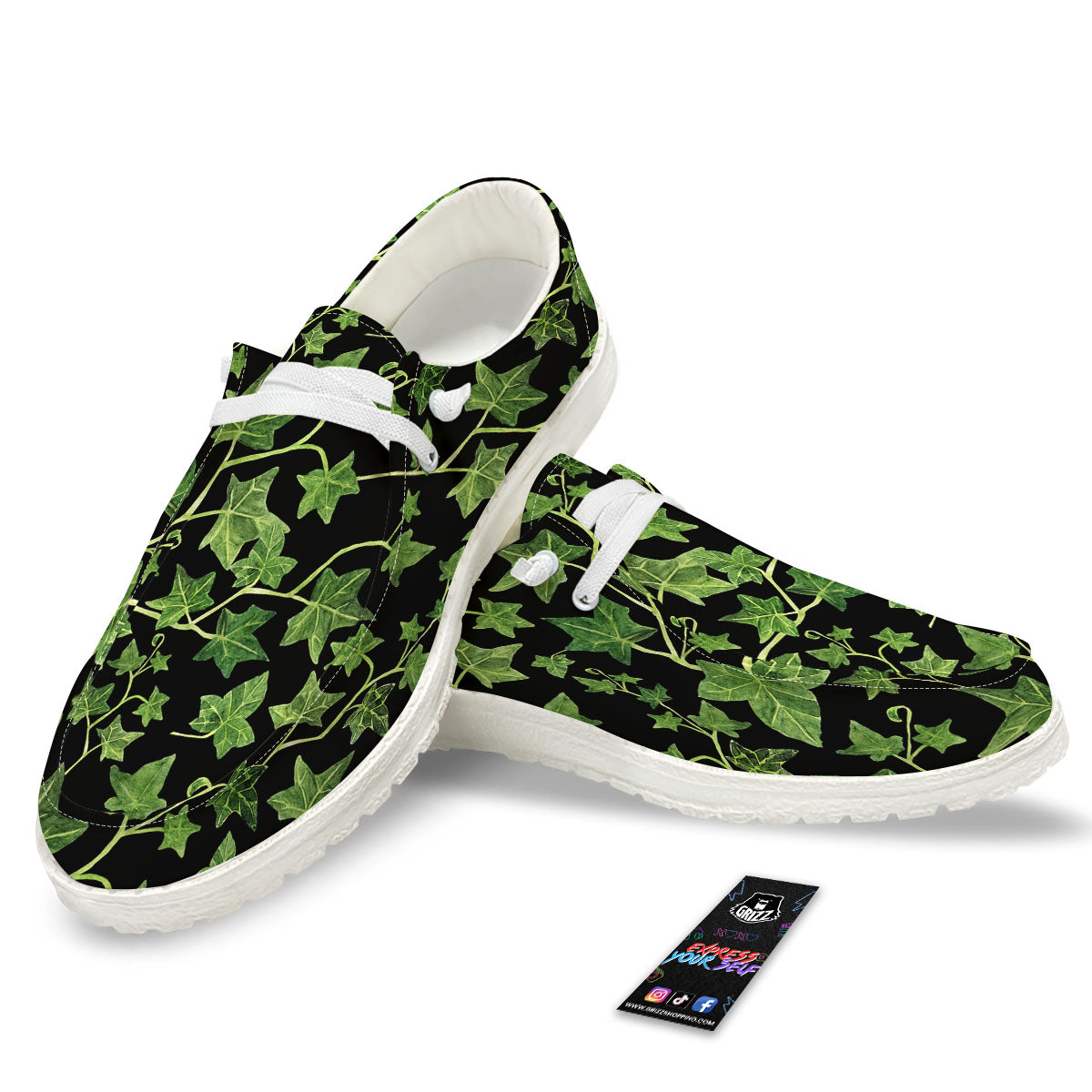 Ivy Leaf Green Print White Loafers-grizzshop