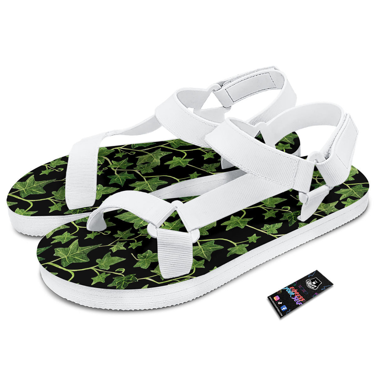 Ivy Leaf Green Print White Open Toe Sandals-grizzshop