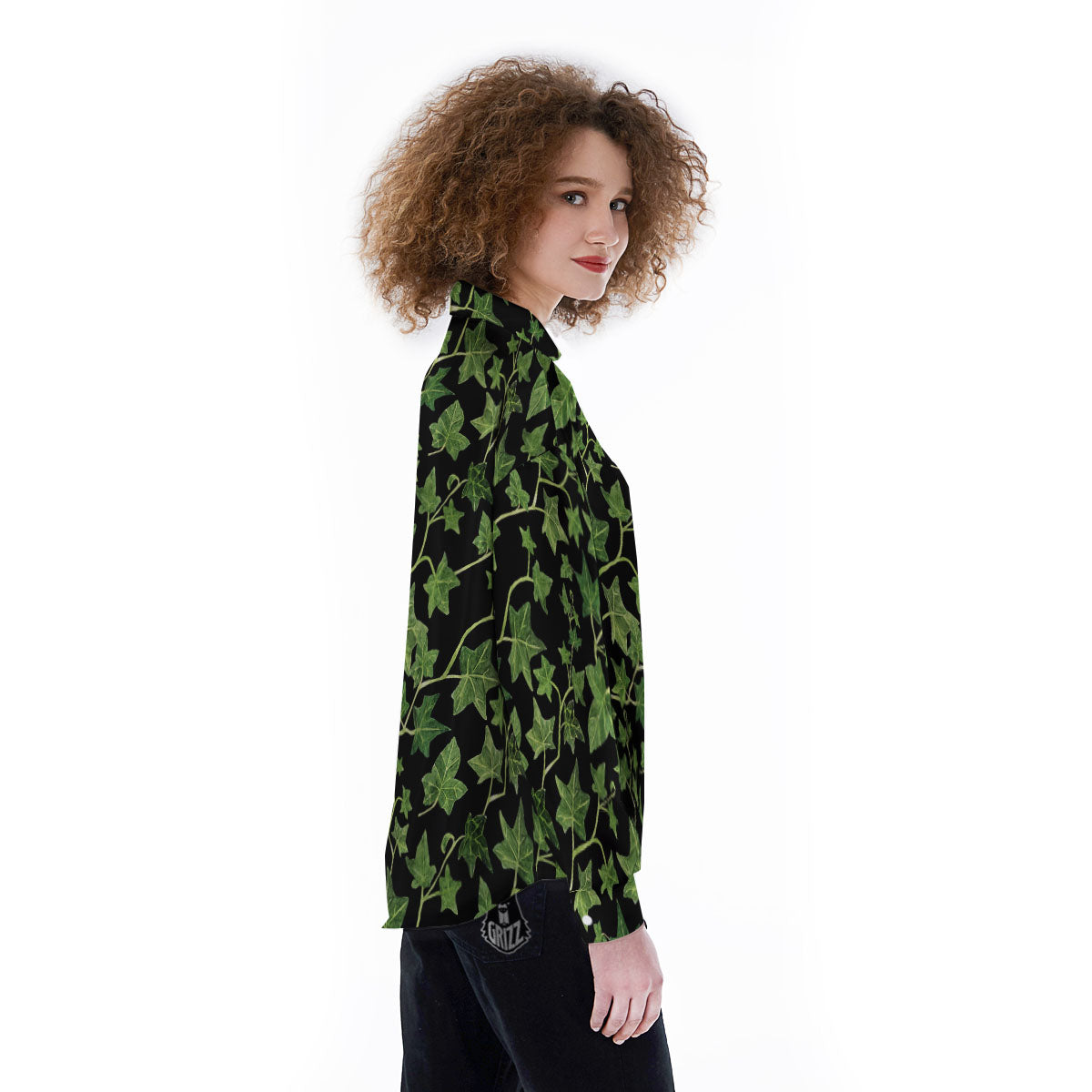 Ivy Leaf Green Print Women's Long Sleeve Shirts-grizzshop