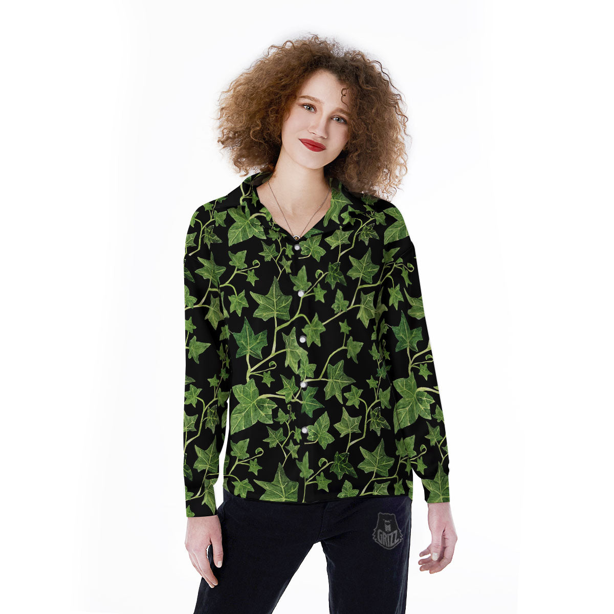 Ivy Leaf Green Print Women's Long Sleeve Shirts-grizzshop