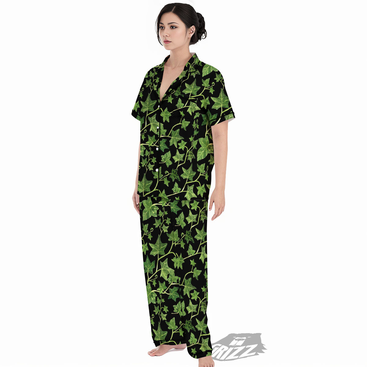 Ivy Leaf Green Print Women's Pajamas Set-grizzshop