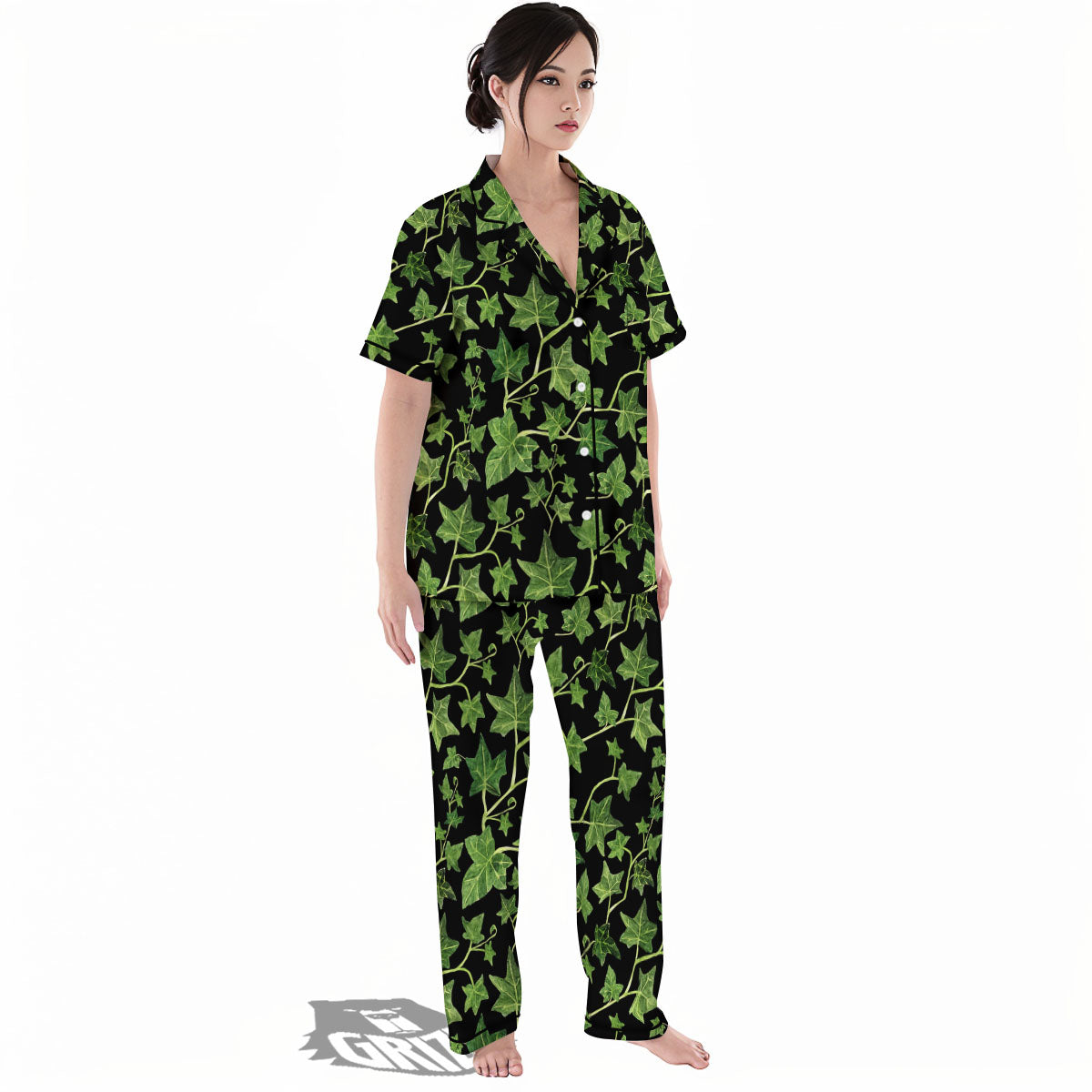 Ivy Leaf Green Print Women's Pajamas Set-grizzshop
