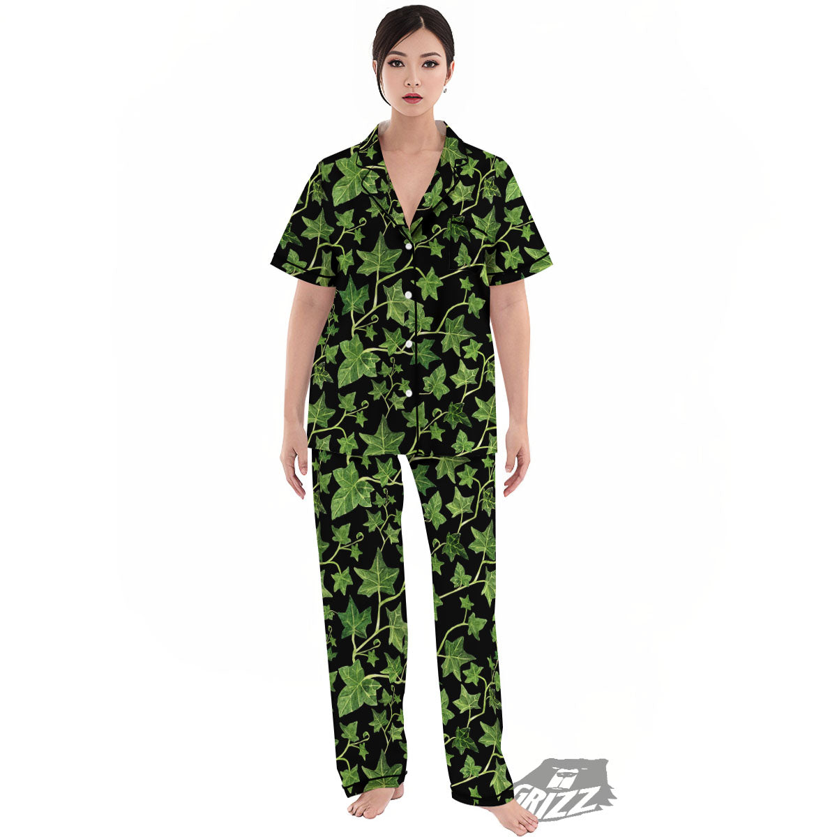 Ivy Leaf Green Print Women's Pajamas Set-grizzshop
