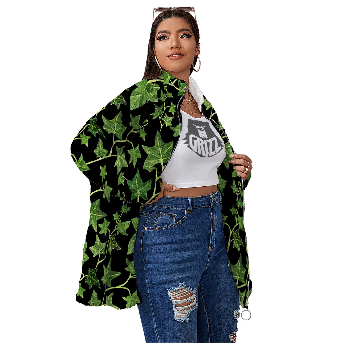 Ivy Leaf Green Print Women's Sherpa Jacket-grizzshop