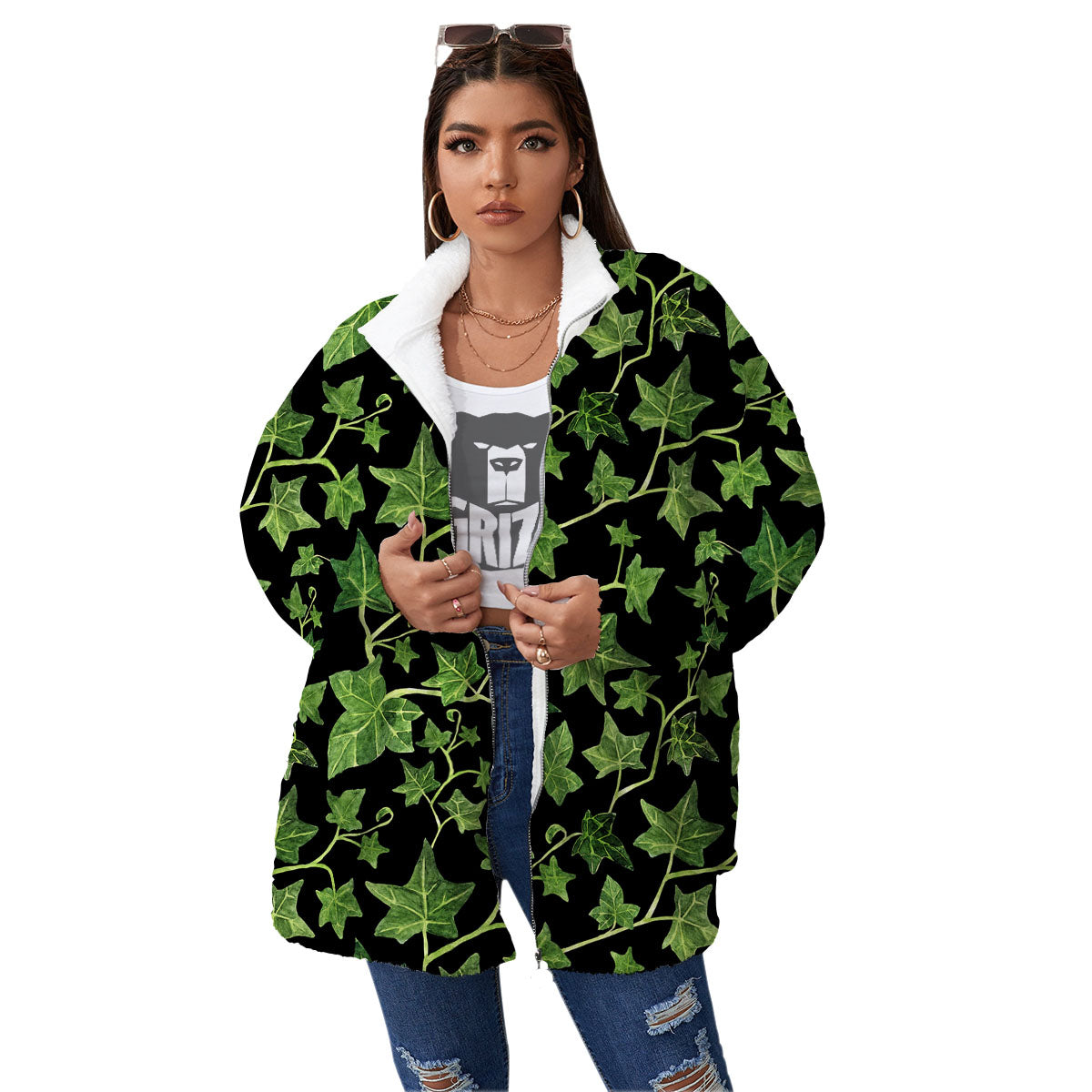 Ivy Leaf Green Print Women's Sherpa Jacket-grizzshop