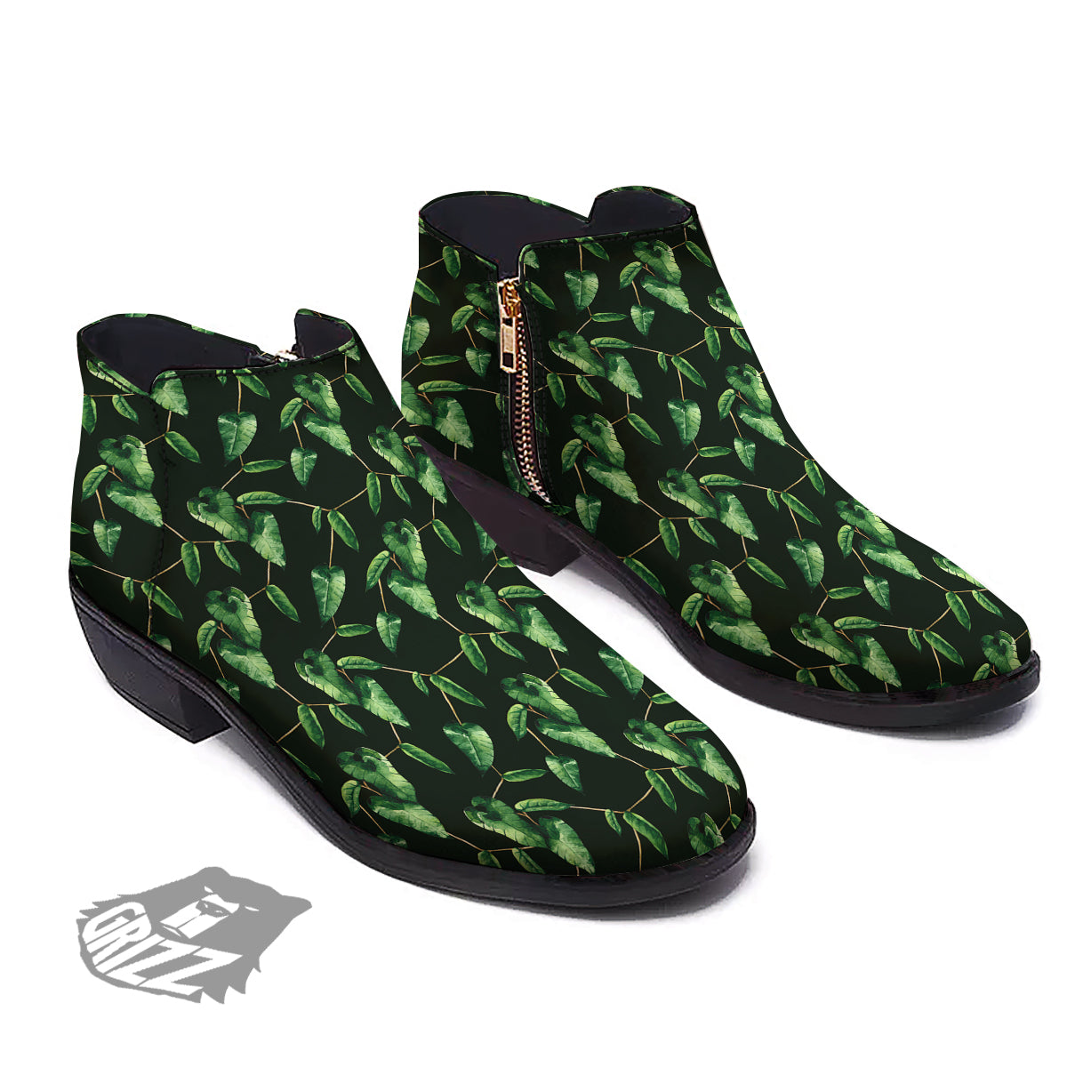 Ivy Leaf Watercolor Print Pattern Ankle Boots-grizzshop