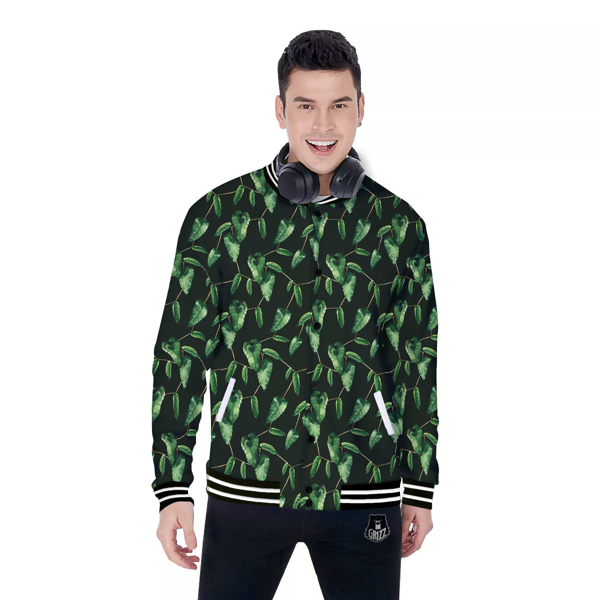 Ivy Leaf Watercolor Print Pattern Baseball Jacket-grizzshop