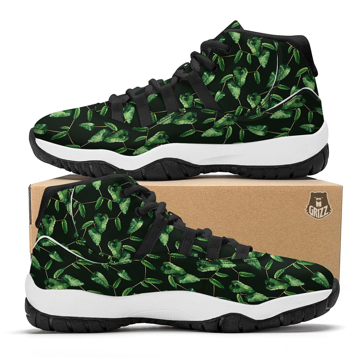 Ivy Leaf Watercolor Print Pattern Black Bball Shoes-grizzshop