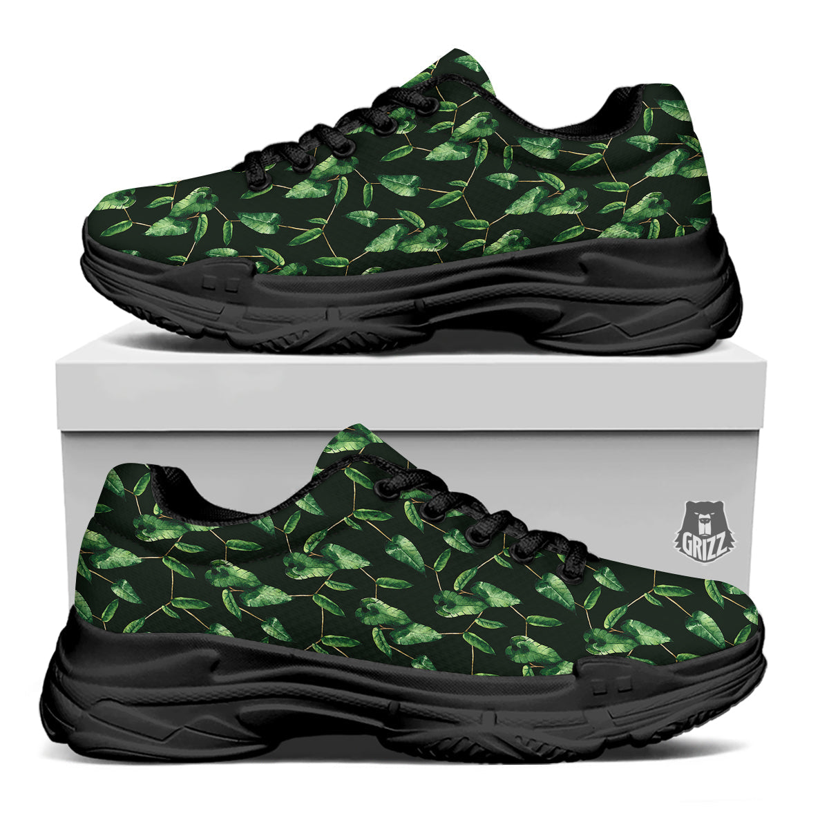 Ivy Leaf Watercolor Print Pattern Black Chunky Shoes-grizzshop