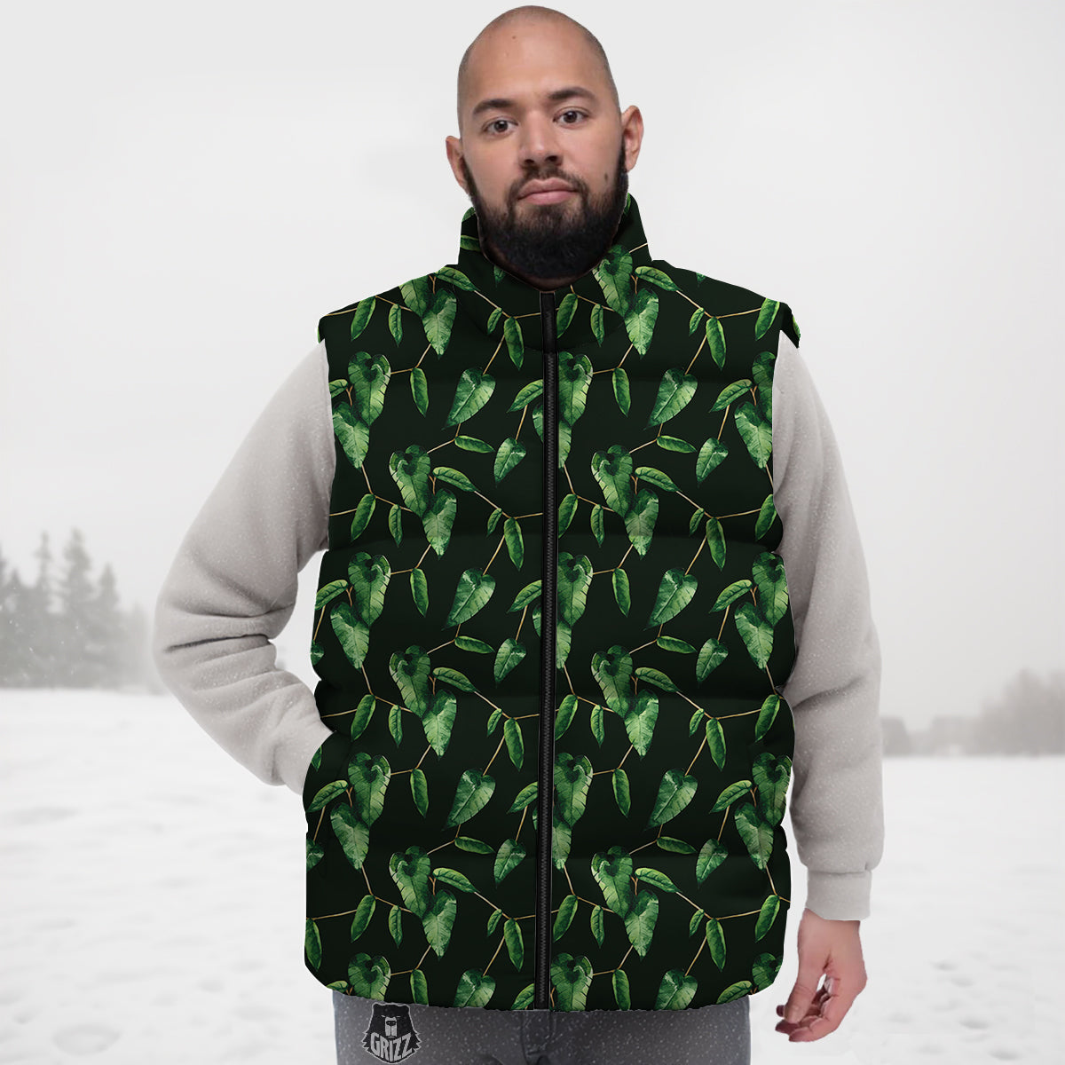 Ivy Leaf Watercolor Print Pattern Down Vest